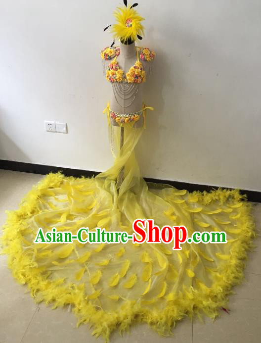 Brazilian Rio Carnival Samba Dance Costumes Catwalks Yellow Feather Trailing Swimsuit Dress for Kids