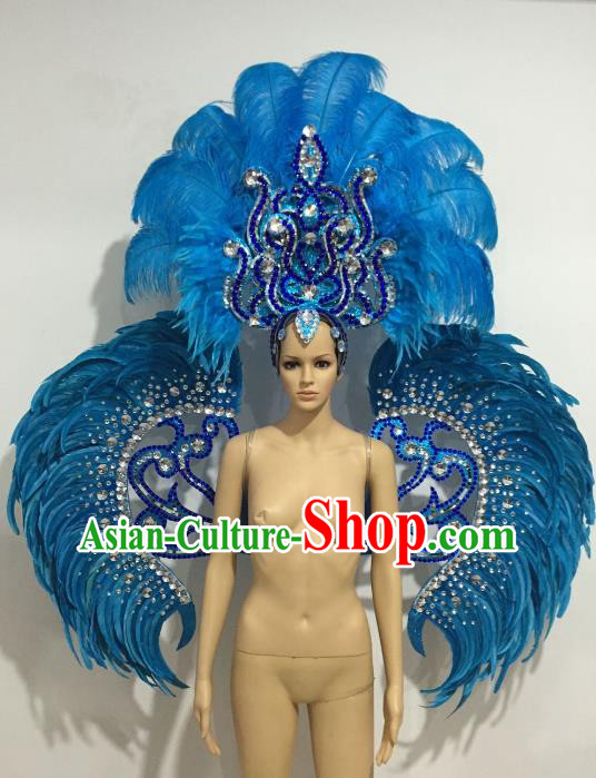 Brazilian Catwalks Headdress and Props Rio Carnival Samba Dance Blue Feather Wings and Headwear for Women