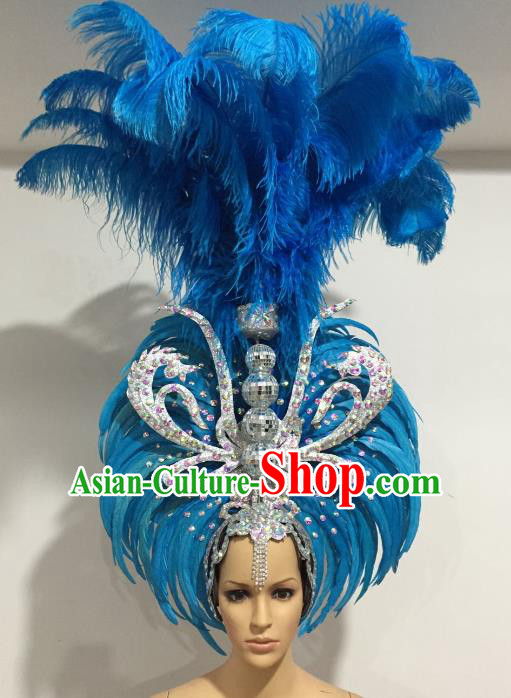 Brazilian Carnival Catwalks Blue Feather Headdress Rio Samba Dance Deluxe Hair Accessories for Women