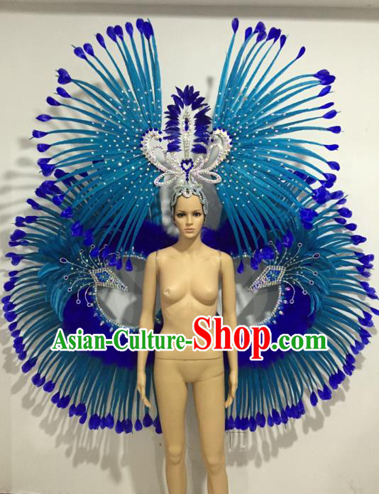 Brazilian Samba Dance Props Rio Carnival Miami Catwalks Blue Feather Wings and Headdress for Adults