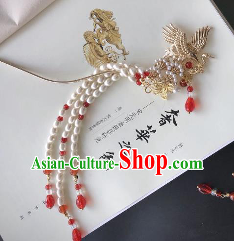 Chinese Traditional Hair Accessories Pearls Tassel Step Shake Hair Stick Ancient Crane Hairpins for Women