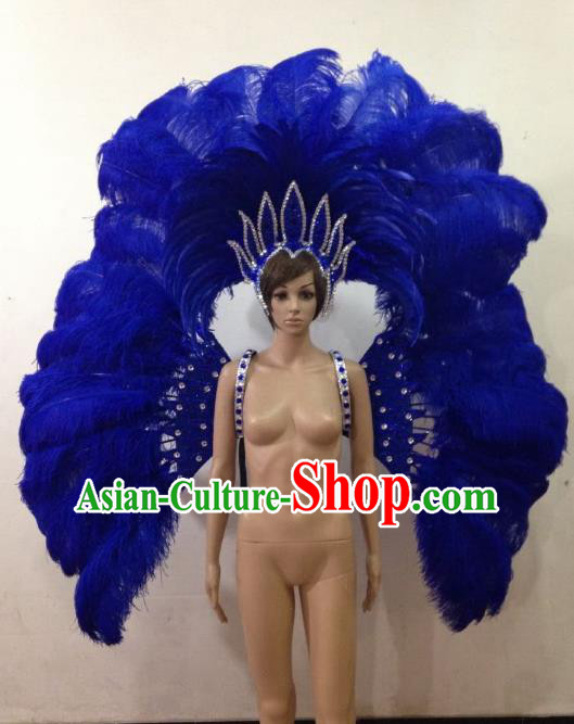 Customized Halloween Catwalks Props Brazilian Rio Carnival Samba Dance Royalblue Feather Deluxe Wings and Headwear for Women