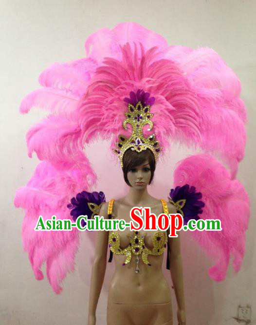Customized Halloween Catwalks Props Brazilian Rio Carnival Samba Dance Pink Feather Deluxe Wings and Headwear for Women