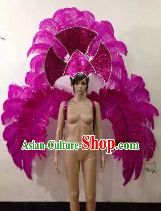Customized Halloween Catwalks Props Brazilian Rio Carnival Samba Dance Purple Feather Deluxe Wings and Headwear for Women