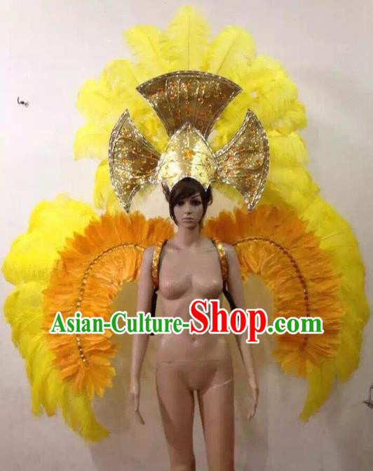 Customized Halloween Catwalks Props Brazilian Rio Carnival Samba Dance Yellow Feather Deluxe Wings and Headwear for Women