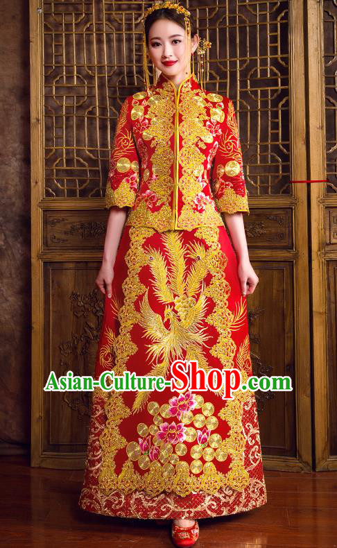 Traditional Chinese Bridal Costumes Ancient Bride Red Toast Clothing Wedding Embroidered Diamante Phoenix XiuHe Suit for Women