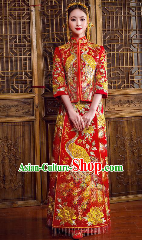 Traditional Chinese Bridal Costumes Ancient Bride Red Embroidered Longfeng Flown Wedding XiuHe Suit for Women