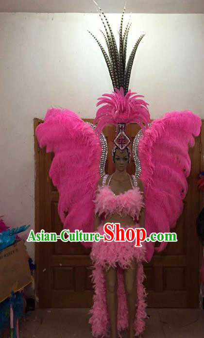 Brazilian Rio Carnival Samba Dance Pink Feather Costumes Catwalks Wings Swimsuit and Headdress for Women