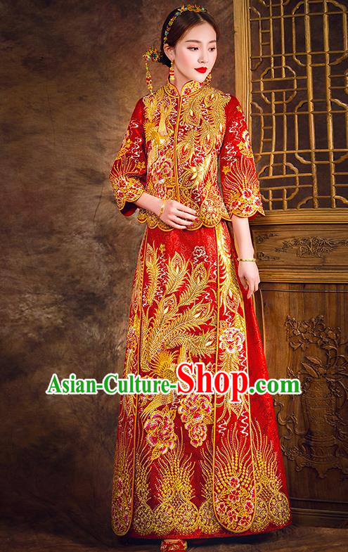 Traditional Chinese Female Wedding Costumes Ancient Embroidered Peony Flowers Full Dress Red XiuHe Suit for Bride