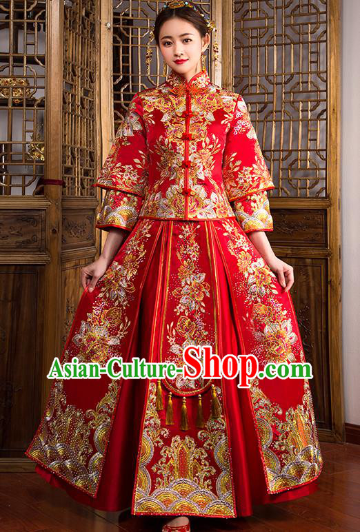 Traditional Chinese Female Wedding Costumes Ancient Embroidered Peony Diamante Full Dress Red XiuHe Suit for Bride