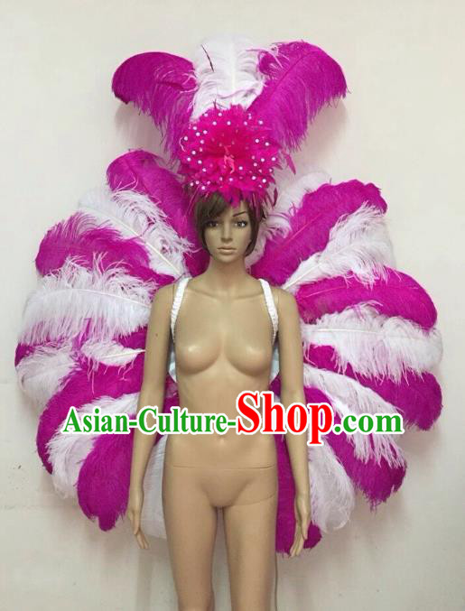 Customized Halloween Catwalks Props Brazilian Rio Carnival Samba Dance Rosy and White Feather Deluxe Wings and Headwear for Women