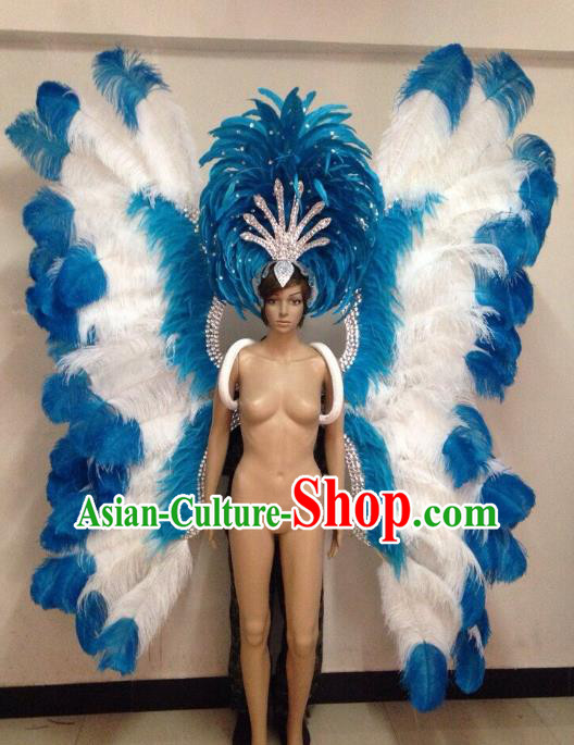 Customized Halloween Catwalks Props Brazilian Rio Carnival Samba Dance Blue and White Butterfly Feather Deluxe Wings and Headwear for Women
