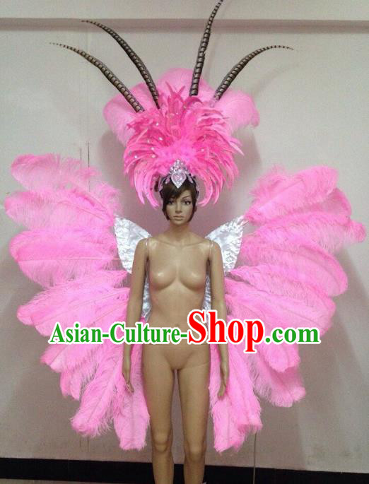Customized Halloween Catwalks Props Brazilian Rio Carnival Samba Dance Pink Feather Deluxe Butterfly Wings and Headwear for Women