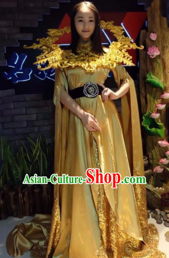 Top Grade Catwalks Costume Stage Performance Golden Dress for Women