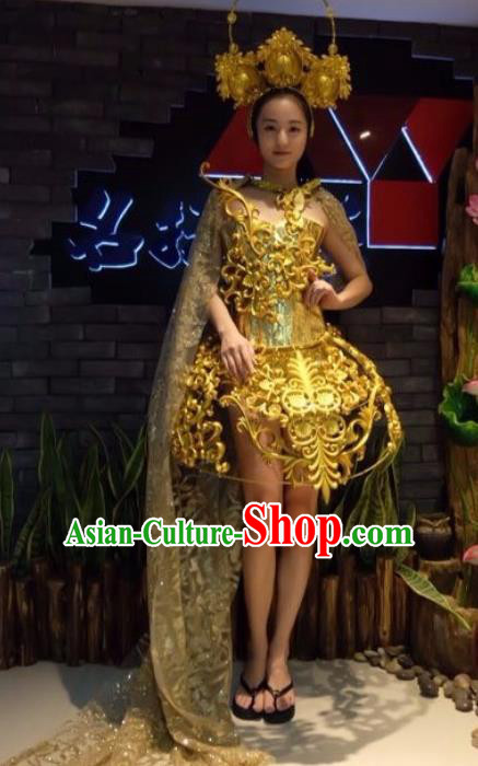 Top Grade Catwalks Costume Halloween Stage Performance Golden Dress for Women