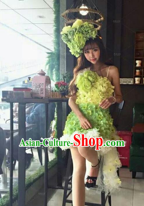 Top Grade Catwalks Costume Halloween Stage Performance Brazilian Carnival Green Flowers Dress for Women