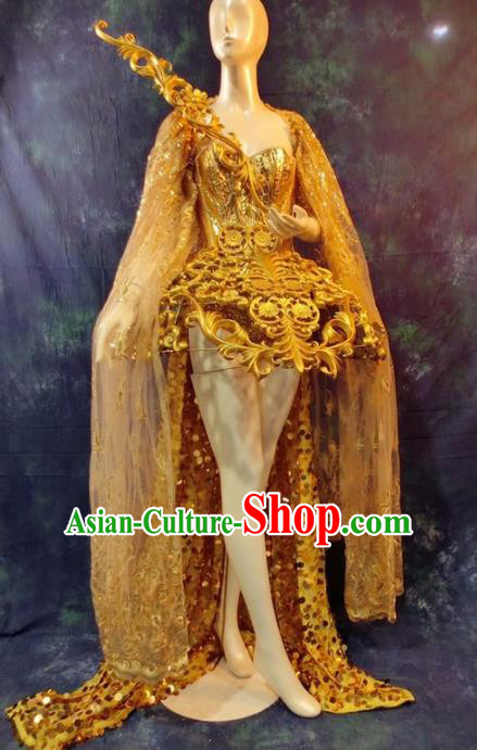 Top Grade Catwalks Golden Dress Costume Stage Performance Model Show Brazilian Carnival Clothing for Women