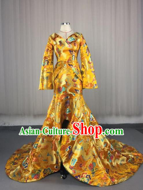 Top Grade Chinese Catwalks Costume Halloween Stage Performance Yellow Cheongsam Dress Brazilian Carnival Clothing for Women