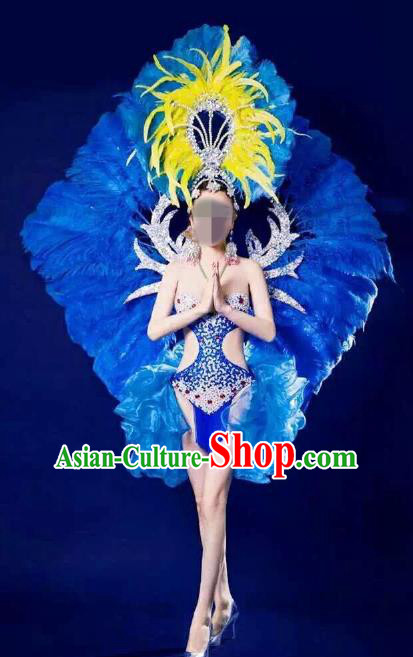 Brazilian Rio Carnival Samba Dance Costumes Catwalks Blue Feather Swimwear and Wings for Women