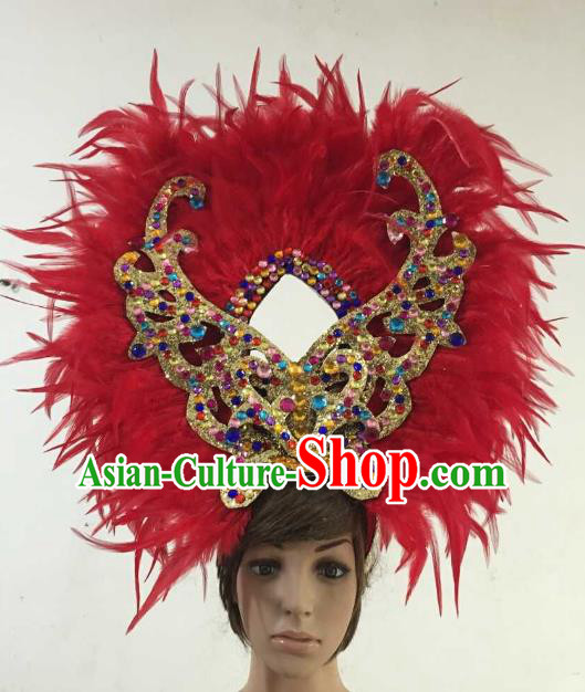 Professional Halloween Catwalks Hair Accessories Brazilian Rio Carnival Samba Dance Red Feather Headwear for Women