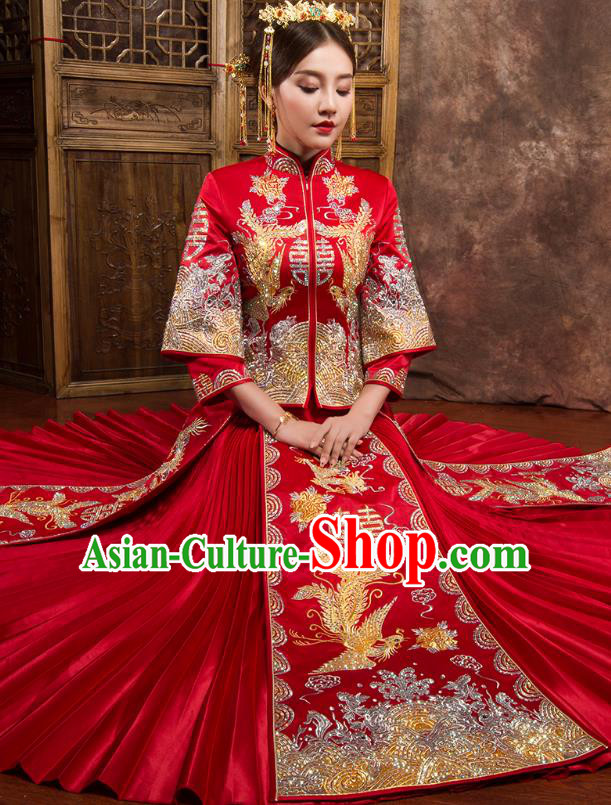 Chinese Traditional Wedding Dress Ancient Bride Embroidered Phoenix Diamante Xiuhe Suit for Women