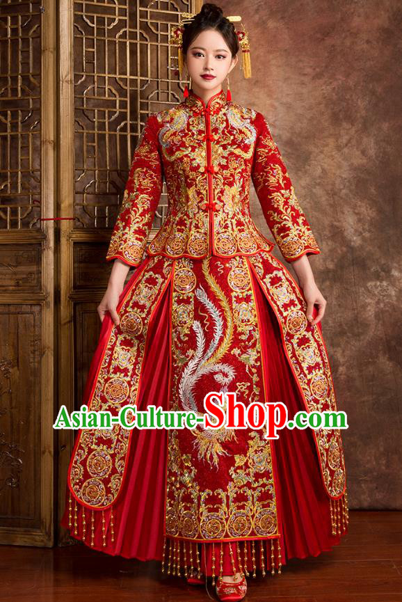 Chinese Traditional Wedding Costumes Ancient Bride Embroidered Phoenix Peony Diamante Red Xiuhe Suit for Women