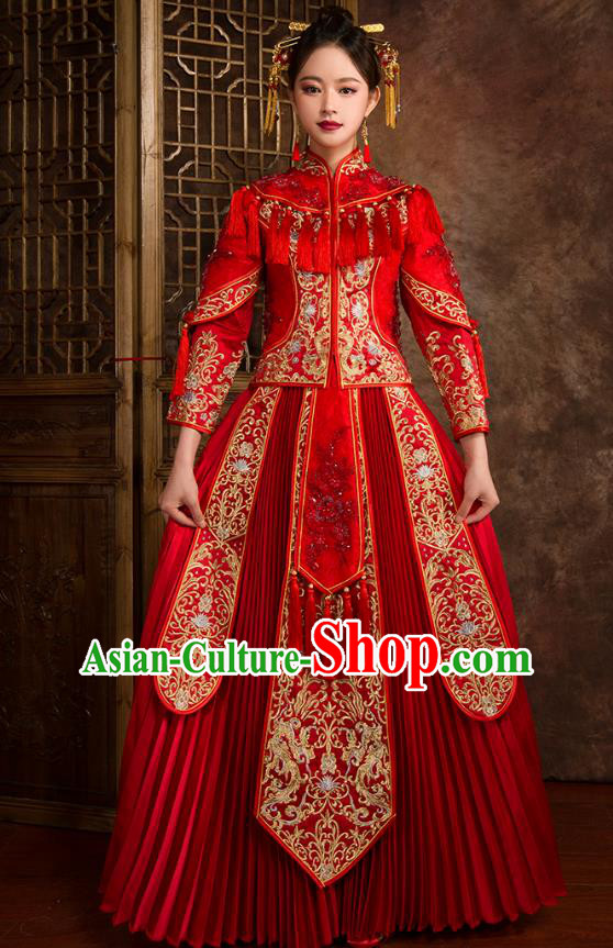 Traditional Chinese Wedding Red Costumes Ancient Bride Embroidered XiuHe Suit for Women