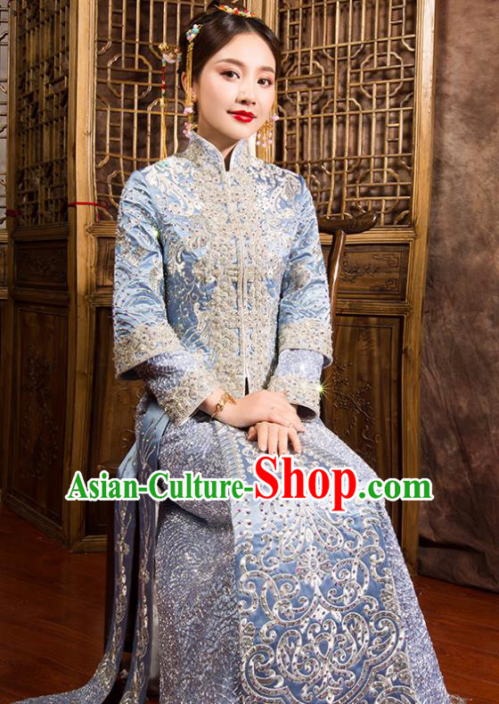 Traditional Chinese Bridal Costumes Ancient Bride Wedding Embroidered Blue XiuHe Suit for Women