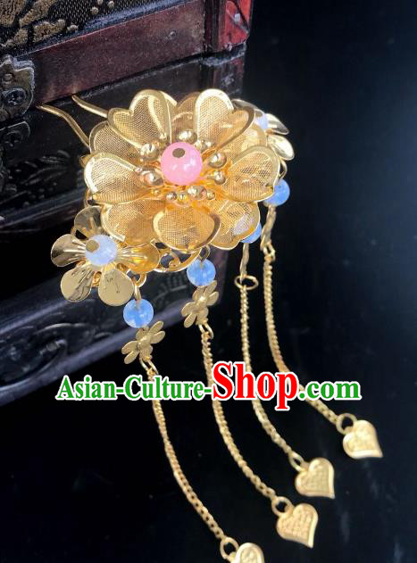 Chinese Traditional Hair Accessories Golden Flower Hair Clip Ancient Hanfu Tassel Hairpins for Women