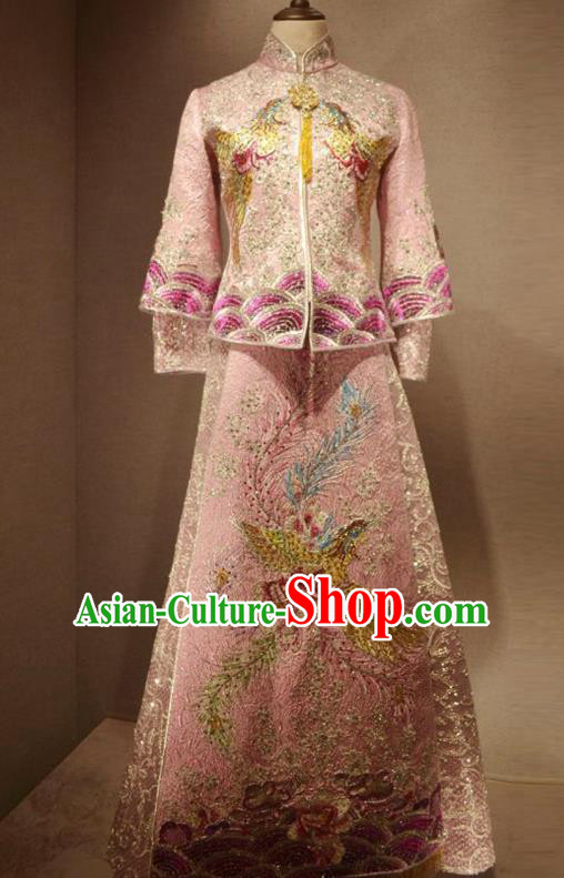 Traditional Chinese Style Female Wedding Costumes Ancient Embroidered Phoenix Bottom Drawer Pink XiuHe Suit for Bride