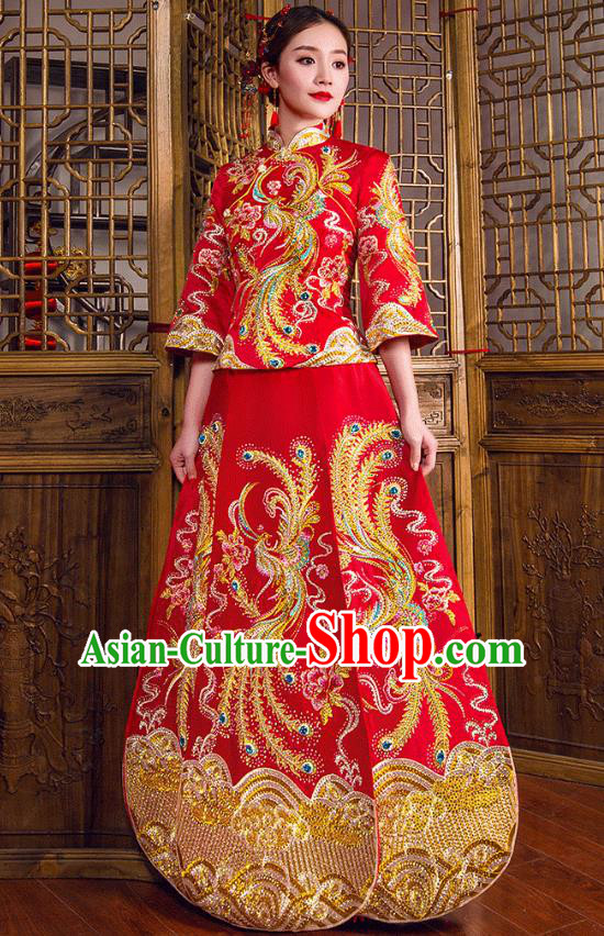 Traditional Chinese Embroidered Phoenix Diamante XiuHe Suit Wedding Costumes Full Dress Ancient Bottom Drawer for Bride