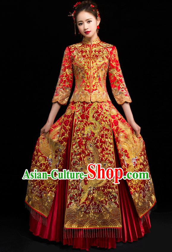 Traditional Chinese Embroidered Dragon Phoenix Diamante Red XiuHe Suit Wedding Costumes Full Dress Ancient Bottom Drawer for Bride