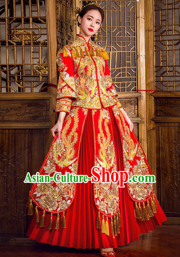 Traditional Chinese Embroidered Phoenix Diamante Red XiuHe Suit Wedding Costumes Full Dress Ancient Bottom Drawer for Bride