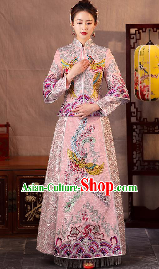 Traditional Chinese Embroidered Phoenix Slim Pink XiuHe Suit Wedding Costumes Full Dress Ancient Bottom Drawer for Bride