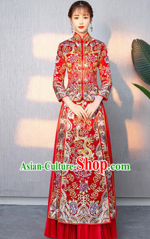 Traditional Chinese Ancient Bottom Drawer Wedding Costumes Embroidered Dragon Red XiuHe Suit for Women