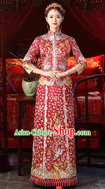 Chinese Ancient Embroidered Dragon Phoenix Wedding Costumes Bride Red Formal Dresses XiuHe Suit for Women