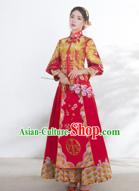 Chinese Ancient Wedding Costumes Bride Formal Dresses Embroidered Phoenix Red XiuHe Suit for Women