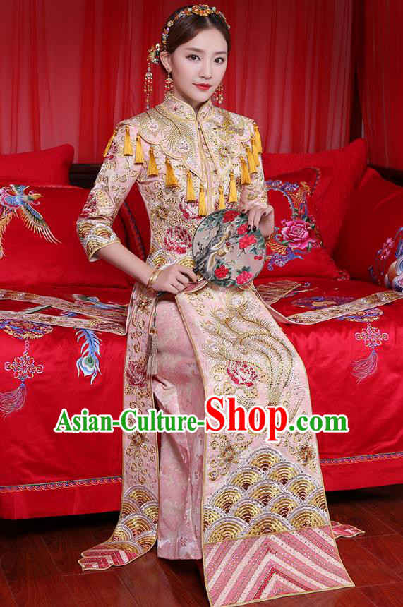Traditional Chinese Embroidered Phoenix Peony Slim Pink XiuHe Suit Wedding Costumes Full Dress Ancient Bottom Drawer for Bride