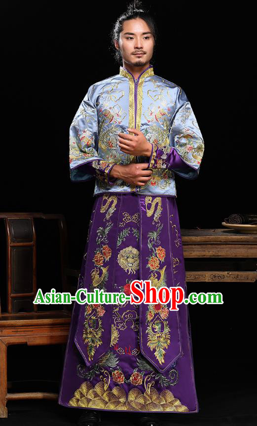 Traditional Ancient Chinese Wedding Purple Costumes Bridegroom Embroidered Tang Suit for Men