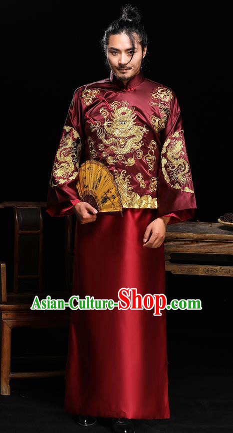 Traditional Ancient Chinese Wedding Wine Red Costumes Bridegroom Embroidered Dragon Tang Suit for Men