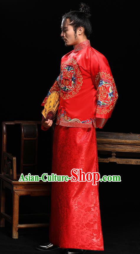 Ancient Chinese Wedding Red Costumes Traditional Bridegroom Embroidered Tang Suit for Men