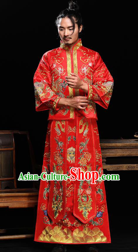 Ancient Chinese Wedding Toast Costumes Traditional Bridegroom Embroidered Dragon Peony Tang Suit for Men