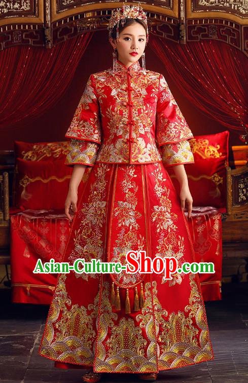 Chinese Ancient Bride Formal Dresses Embroidered Peony XiuHe Suit Traditional Wedding Costumes for Women