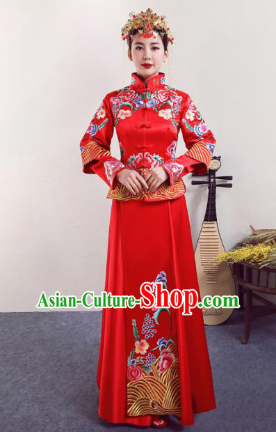Chinese Ancient Wedding Costumes Bride Red Formal Dresses Embroidered Peony XiuHe Suit for Women