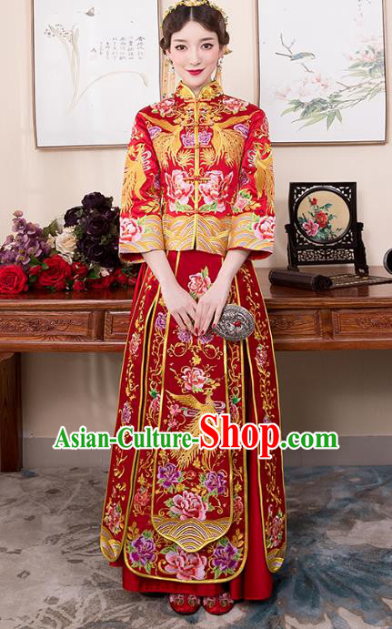 Chinese Ancient Bride Red Formal Dresses Wedding Costume Embroidered Phoenix Cheongsam XiuHe Suit for Women