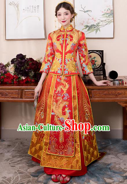 Chinese Ancient Bride Red Trailing Formal Dresses Wedding Costume Embroidered Phoenix Cheongsam XiuHe Suit for Women