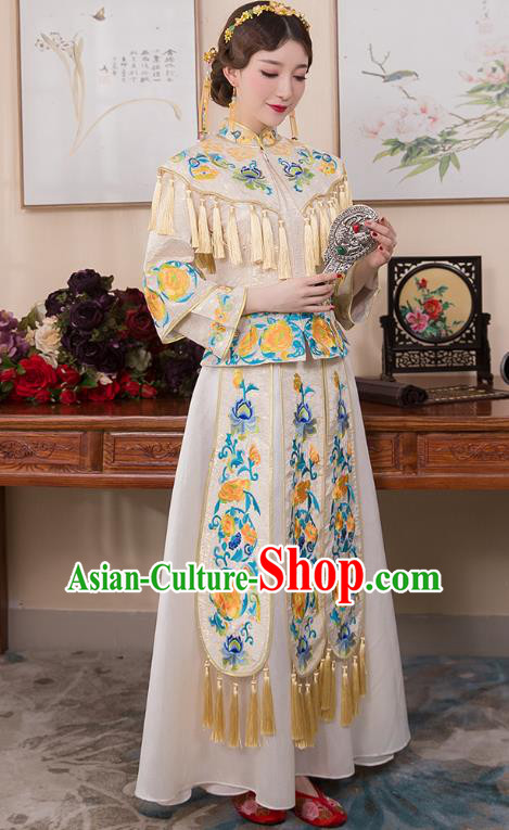Chinese Ancient Bride White Formal Dresses Wedding Costume Embroidered Peony Cheongsam XiuHe Suit for Women
