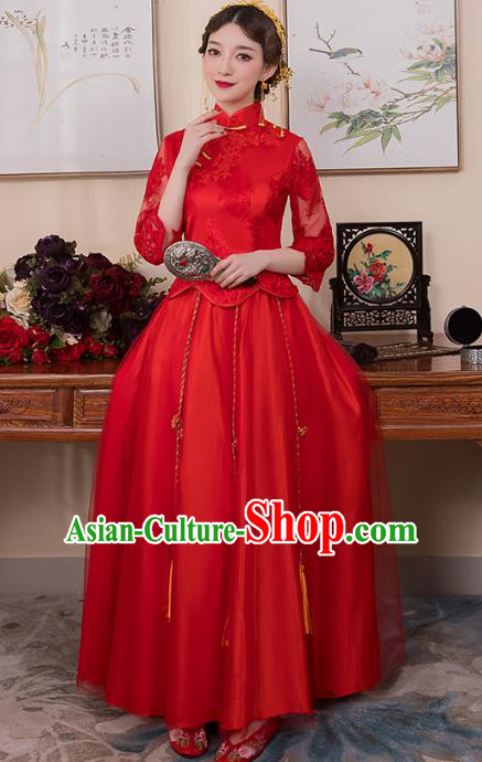 Chinese Ancient Bride Formal Dresses Wedding Costume Embroidered Red Lace Longfenggua XiuHe Suit for Women