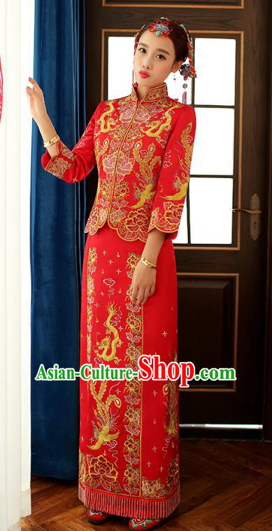 Chinese Ancient Bride Formal Dresses Wedding Costume Embroidered Dragon Phoenix Longfenggua XiuHe Suit for Women