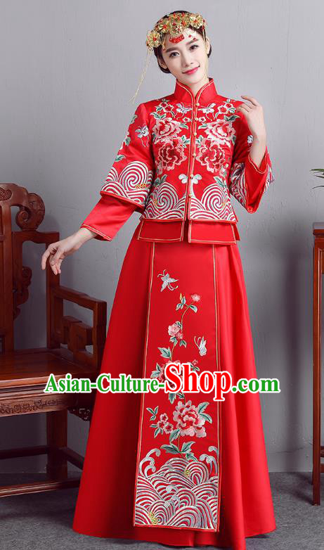 Chinese Ancient Bride Formal Dresses Wedding Costume Embroidered Peony Red Longfenggua XiuHe Suit for Women